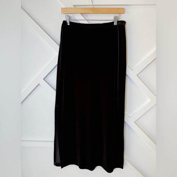 Vintage Tadashi Chocolate Brown Velvet Midi Skirt with Side Slit Size Large - Picture 1 of 9